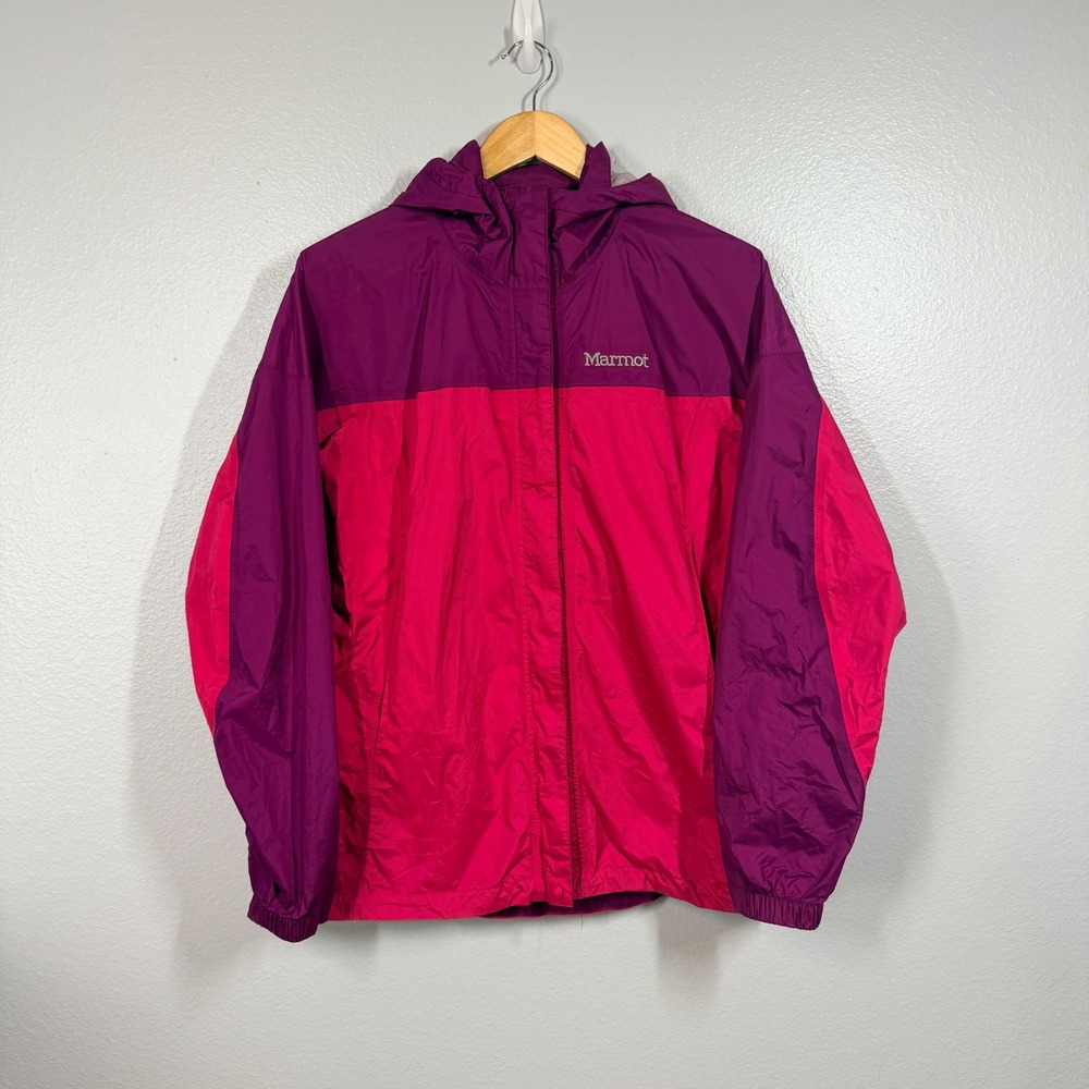 Marmot Rain Jacket Women Large Pink Purple Hooded Waterproof Colorblock